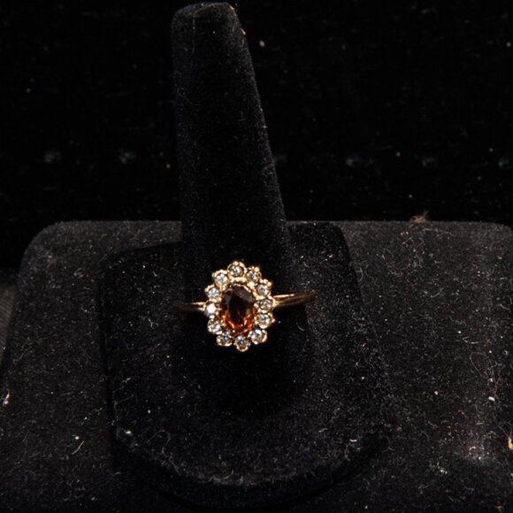 Gold Citrine and Cubic Zirconias on Gold Tone Band size 8 - Picture 2 of 2